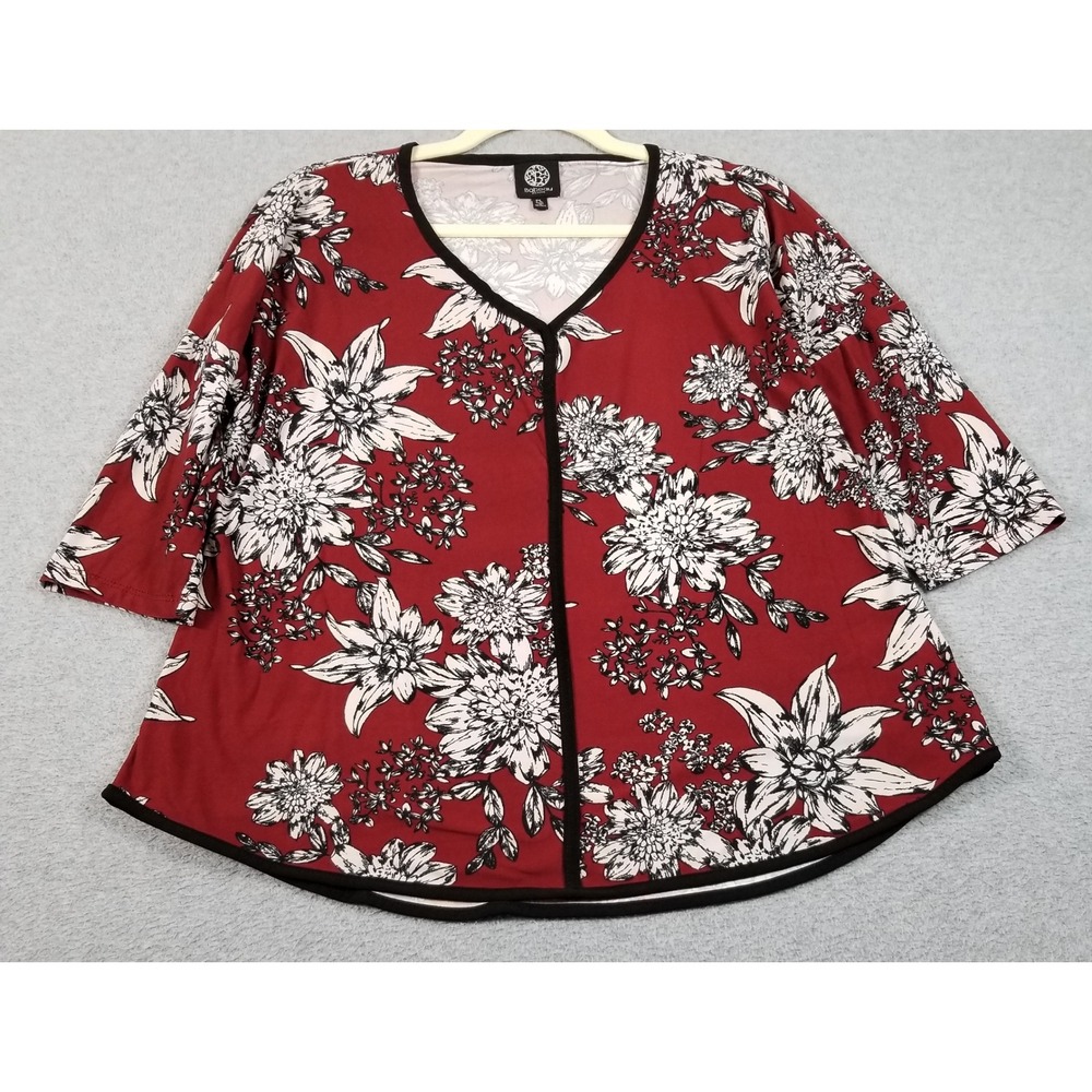 Bobeau Top Womens PL Petite Large Red Floral 3/4 Sleeves V-Neck Stretch Blouse
